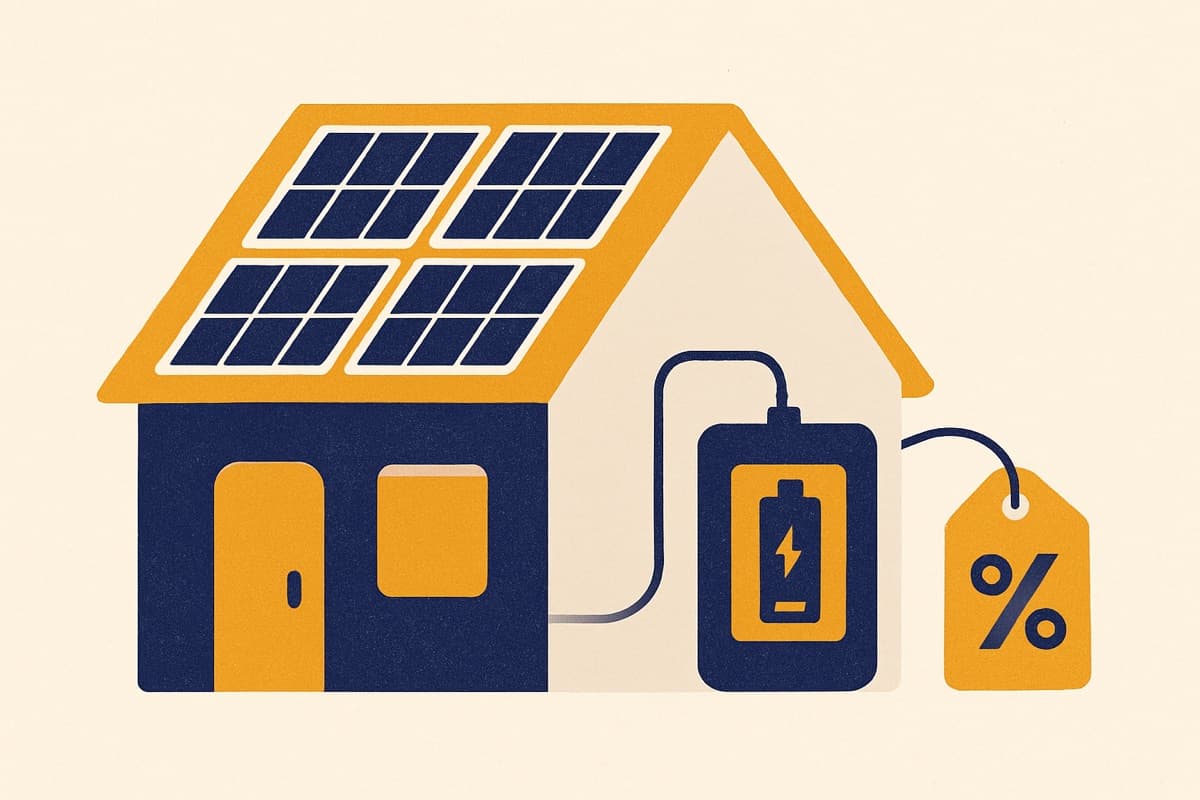 Huis met zonnepanelen en een thuisbatterij met daarnaast een prijskaartje met een procentteken