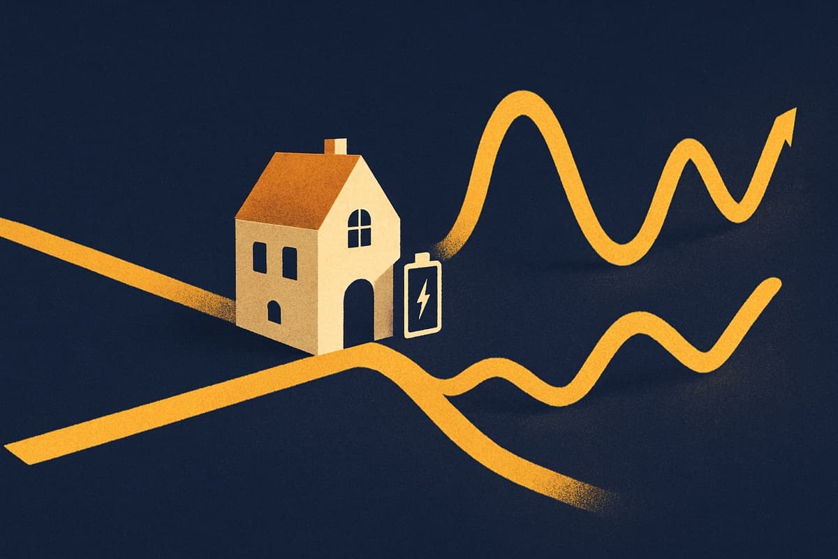 Drie wegen die zich splitsen: een rechte lijn, een golvende lijn en een zigzaggende uurprijslijn, met een huisje met thuisbatterij op de splitsing