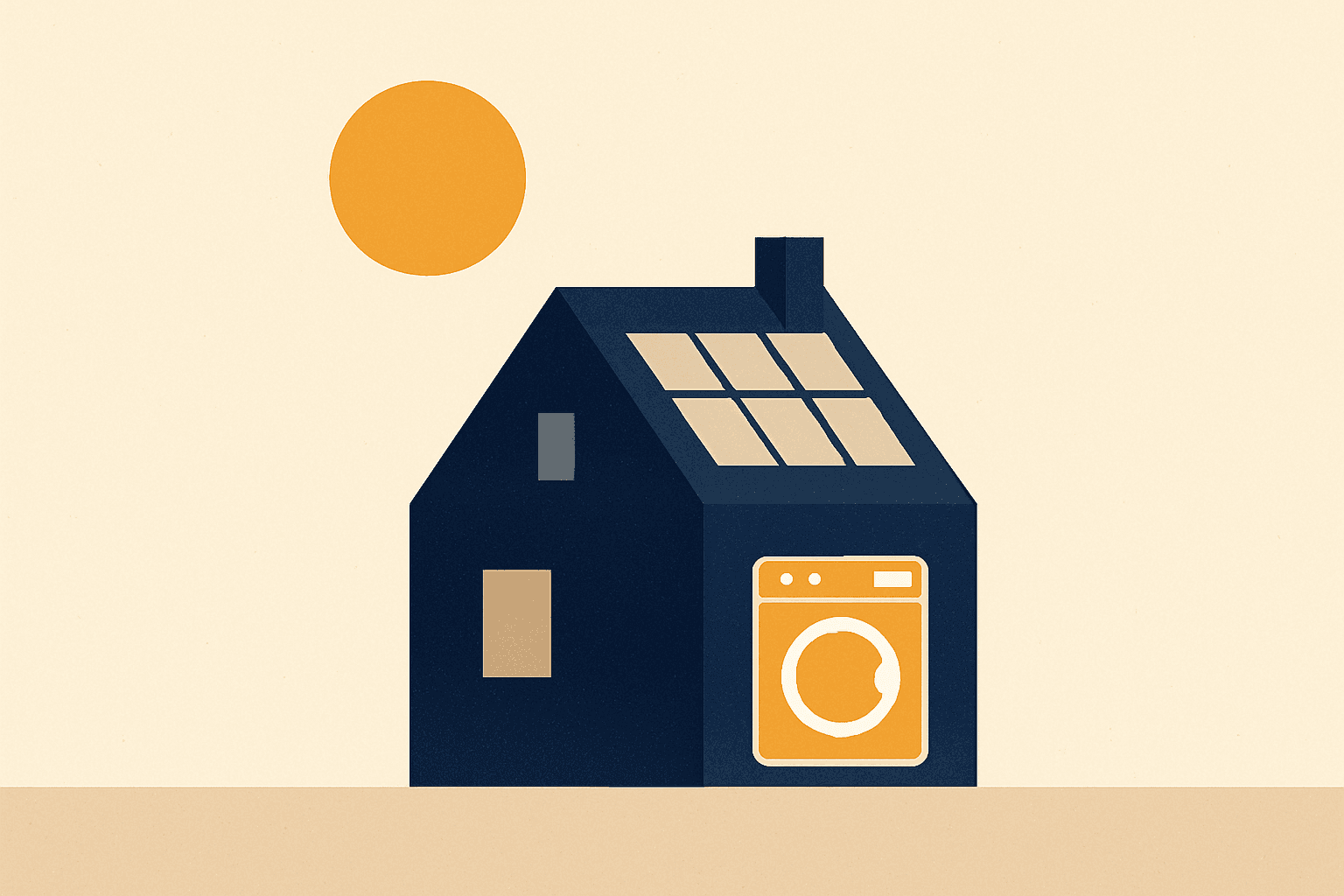 Een huis met zonnepanelen onder een felle zon, met een wasmachine die overdag draait