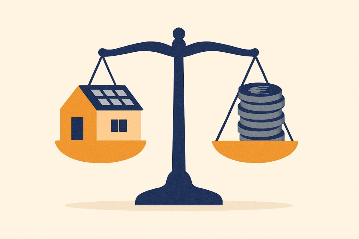 Weegschaal met een huis met zonnepanelen tegenover een stapel muntstukken