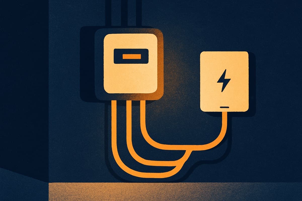 Meterkast met drie fasezekeringen naast een thuisbatterij aan de muur