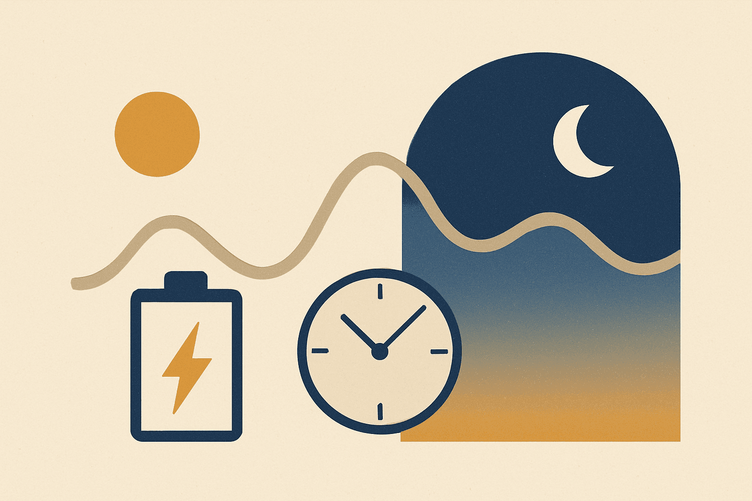 Een thuisbatterij naast een klok en een golvende prijslijn boven een dag-nacht-lucht