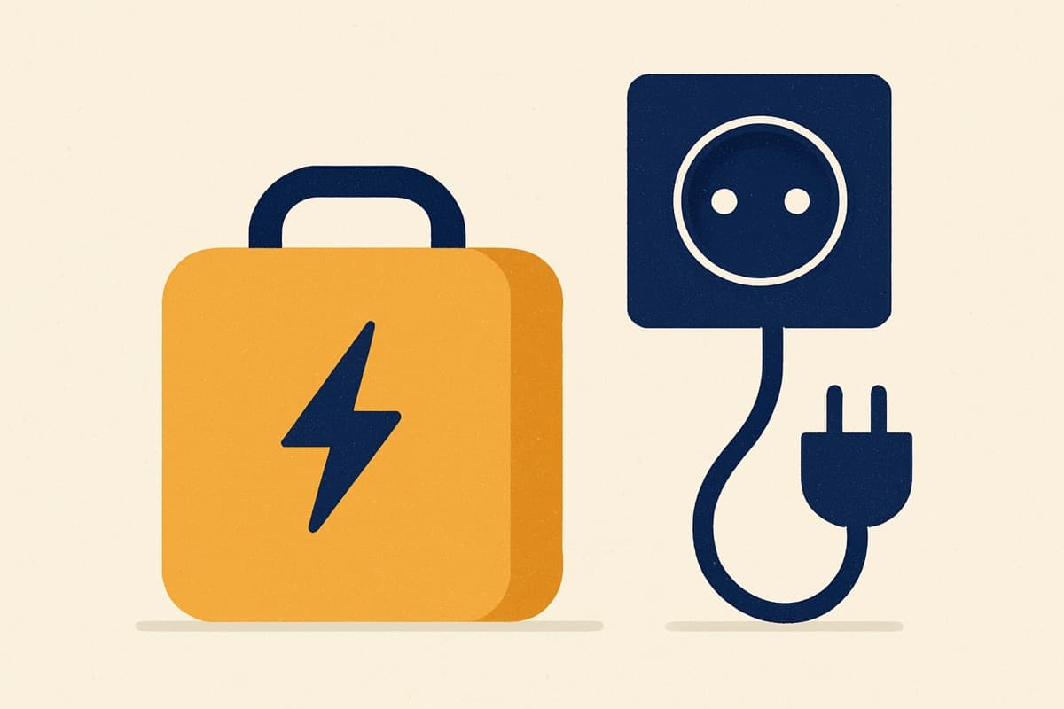 Compacte plug-in thuisbatterij die met een stekker in een geaard stopcontact in de woonkamer zit