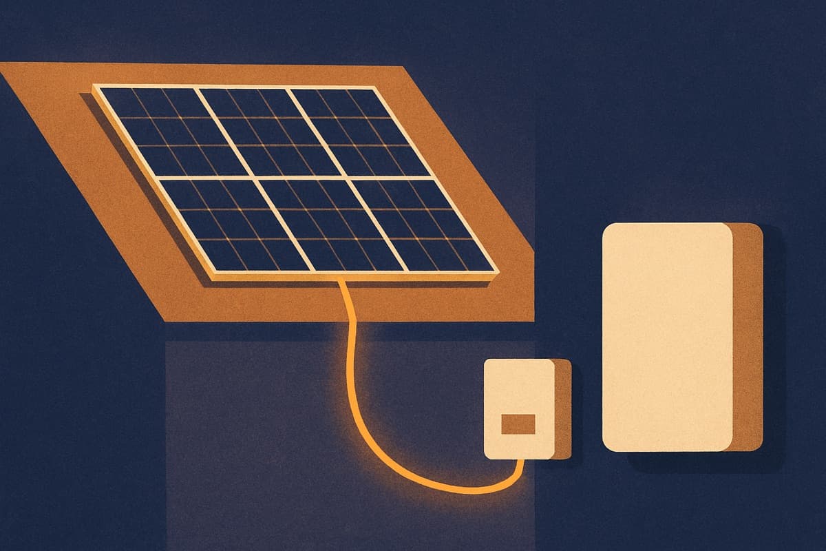 Een thuisbatterij die naast een bestaande omvormer aan de muur wordt gehangen, met zonnepanelen op het dak