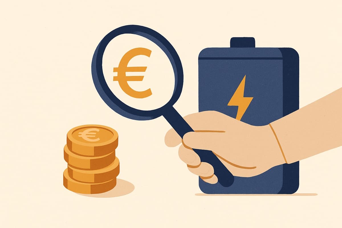 Vergrootglas met een euroteken boven een stapel munten naast een thuisbatterij