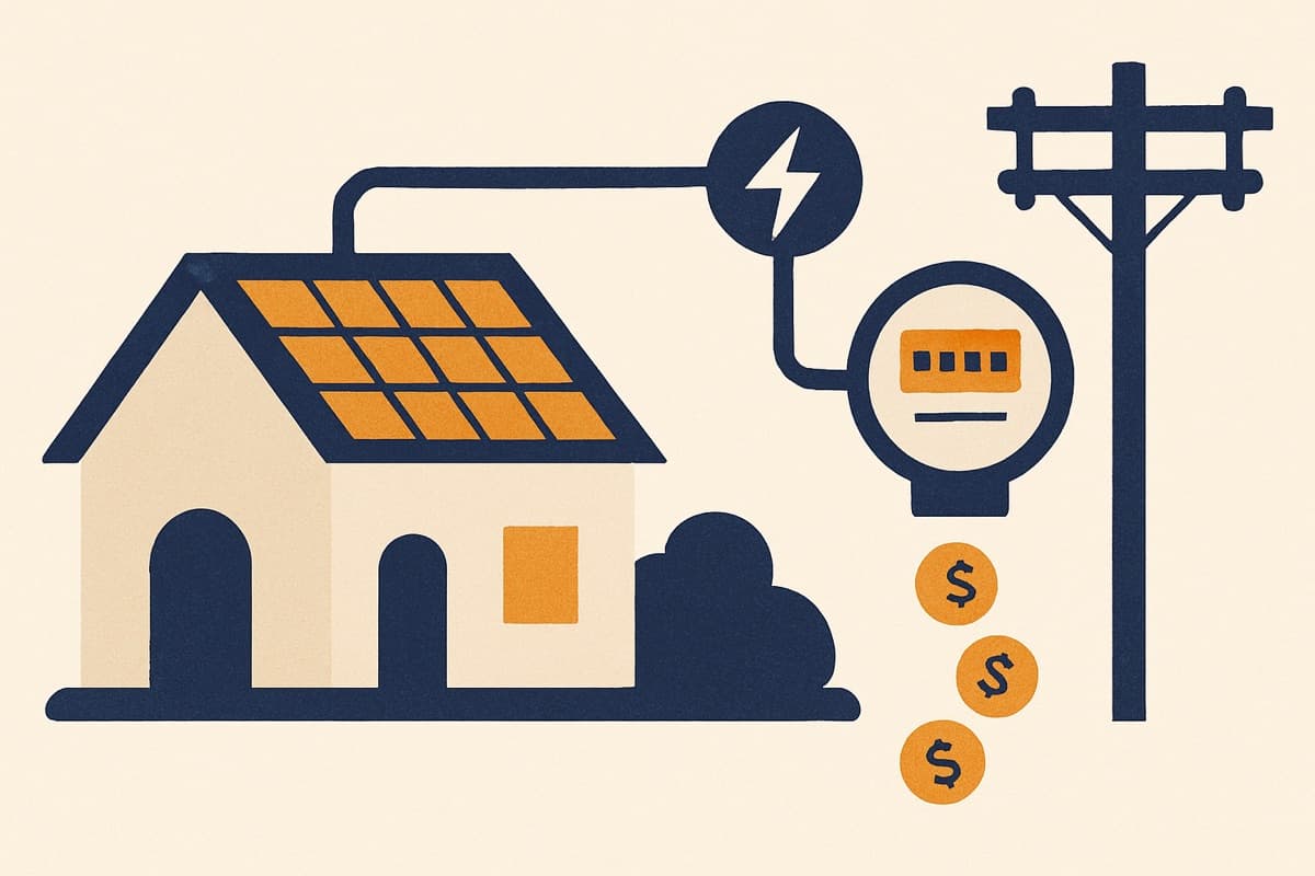 Zonnepanelen op een dak met daarnaast een energierekening en een stapel euromunten