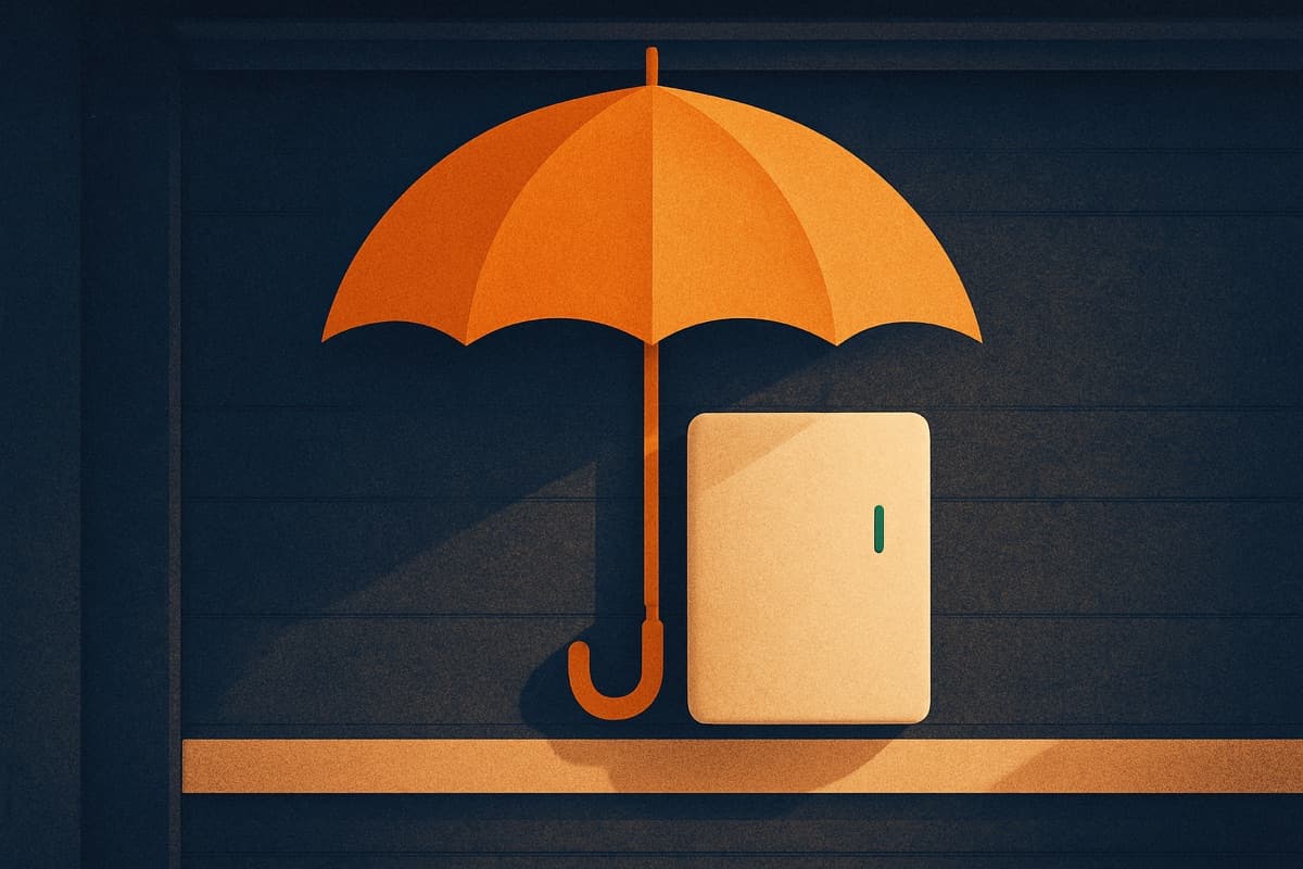 Een thuisbatterij aan een muur, symbolisch beschermd door een grote amberkleurige paraplu
