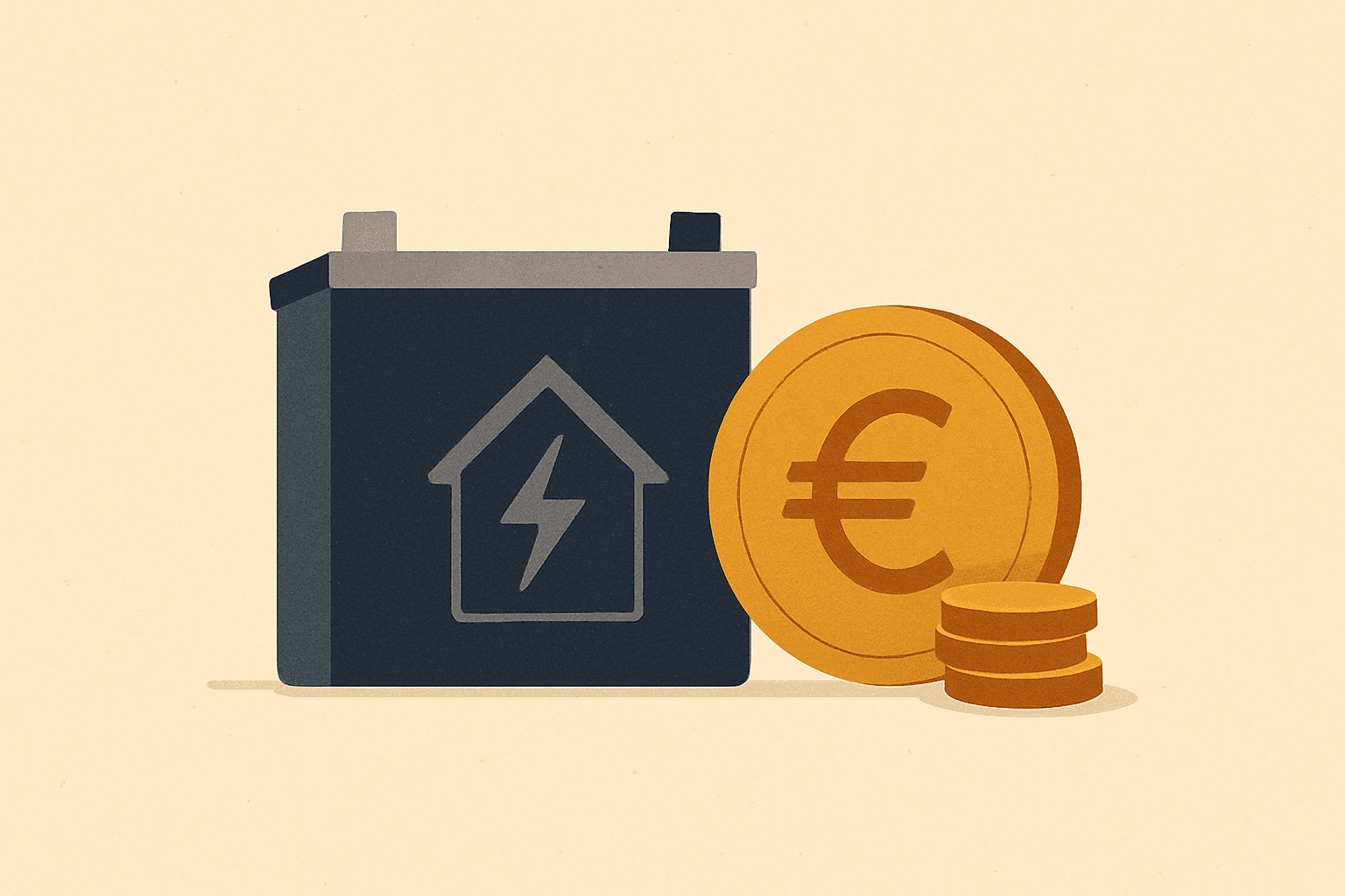 Een thuisbatterij naast een grote euromunt en een stapel muntstukken