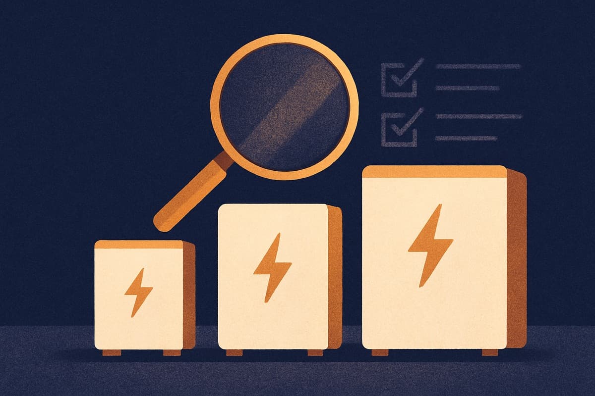 Drie verschillende thuisbatterijen naast elkaar aan een muur, met daarnaast een checklist